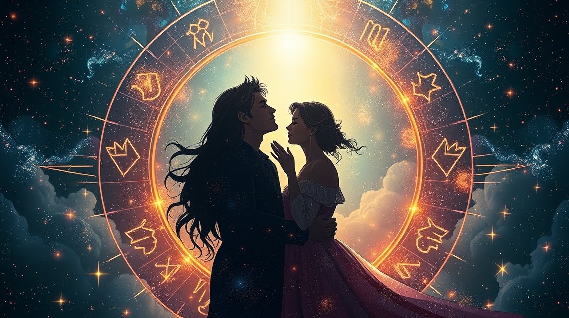 Pár ölelkezik a csillagjegyek körében, bemutatva a vonzalmat.