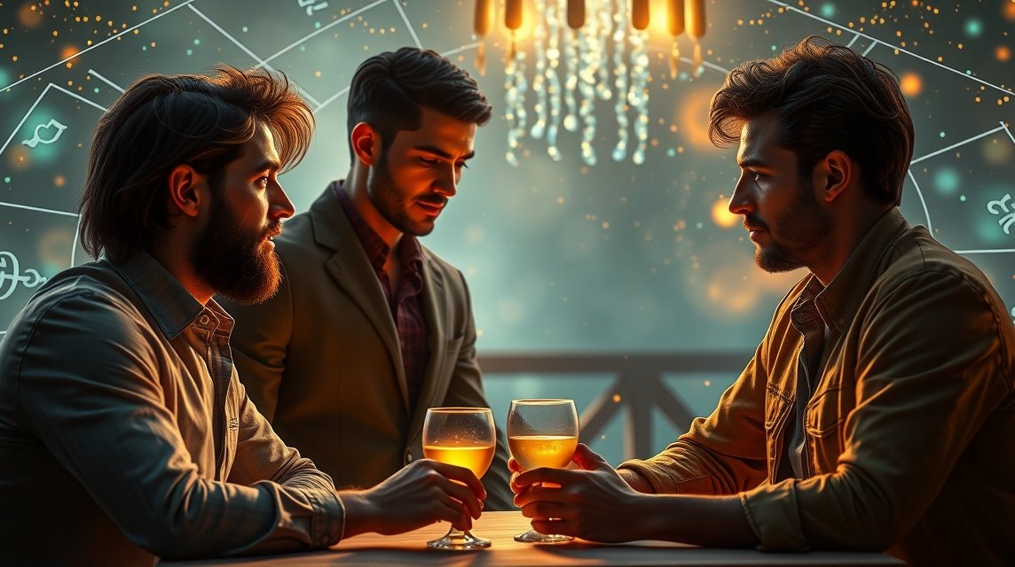 Férfiak randi közben, csillagjegyekkel a háttérben.