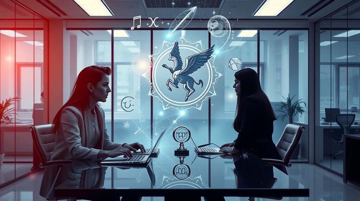 Két nő üzleti megbeszélésen horoszkóp jelképekkel