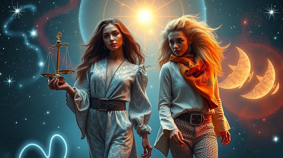 Két stílusos nő csillagjegy szimbólumokkal, öltözködési tippekkel.