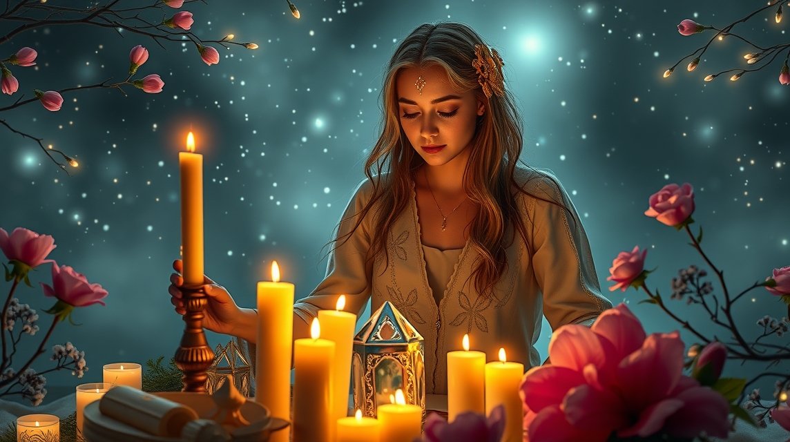 Egy fiatal nő meditál gyertyák és virágok között a napéjegyenlőség idején.