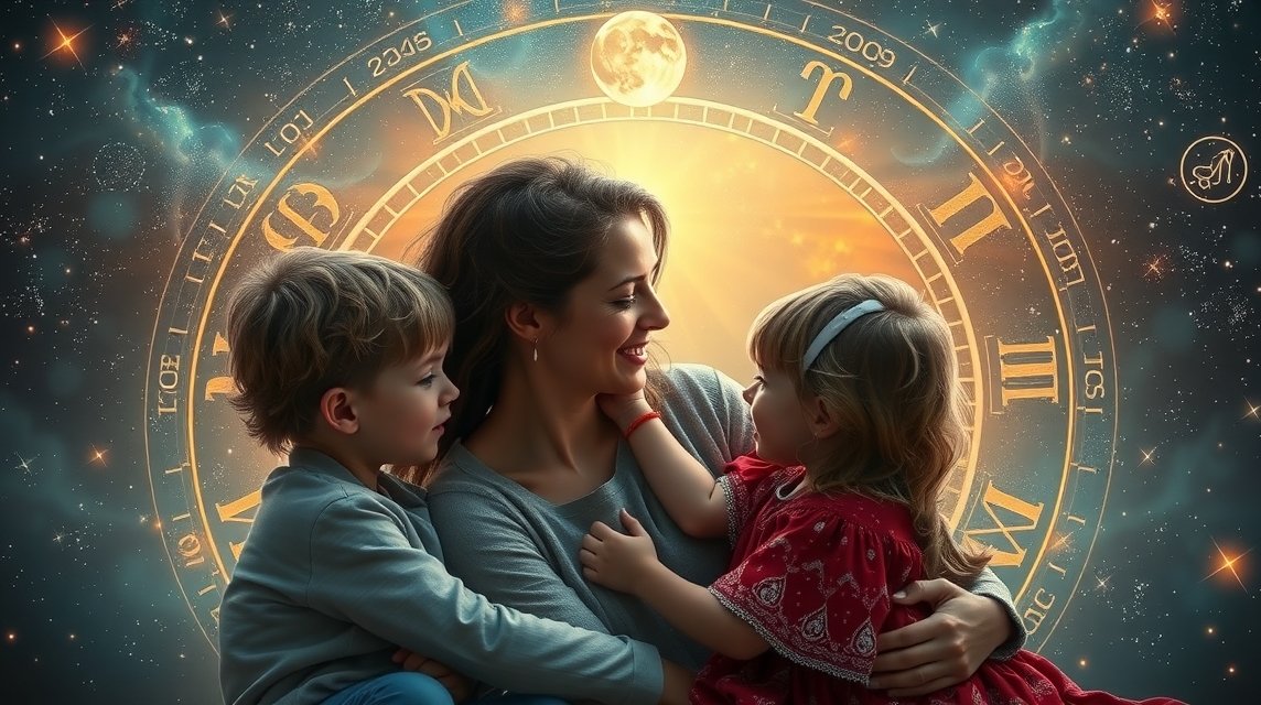Anya és gyerekek az állatövi jegyek háttérrel, érzelmi kötődés