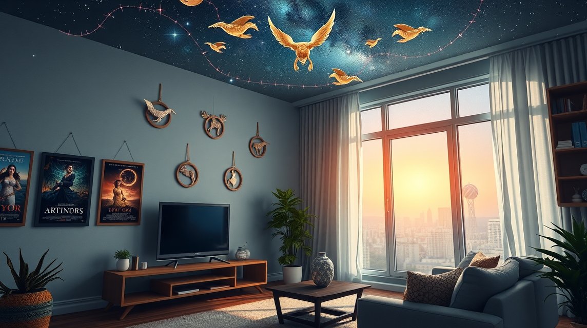 Hálószoba égbolttal és mozi poszterekkel