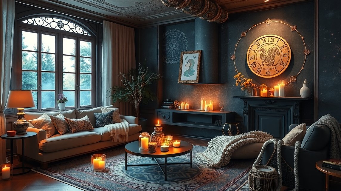 Stílusos lakásbelső gyertyákkal és zodiákus dekorációval.