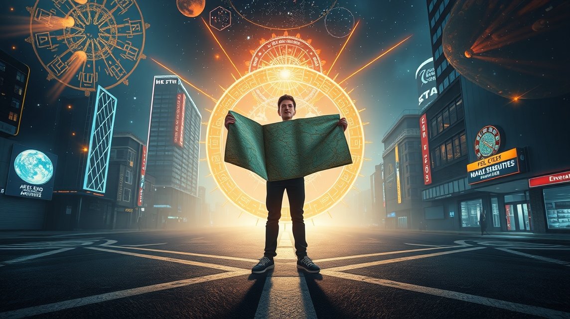 Fiatal férfi térképet tart a kezében, a háttérben horoszkóp motívumokkal.