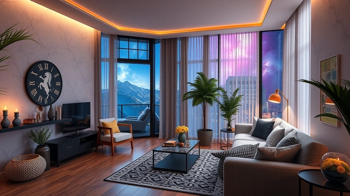 Modern lakás berendezés csillagjegy alapján, harmonikus színek és dizájn.