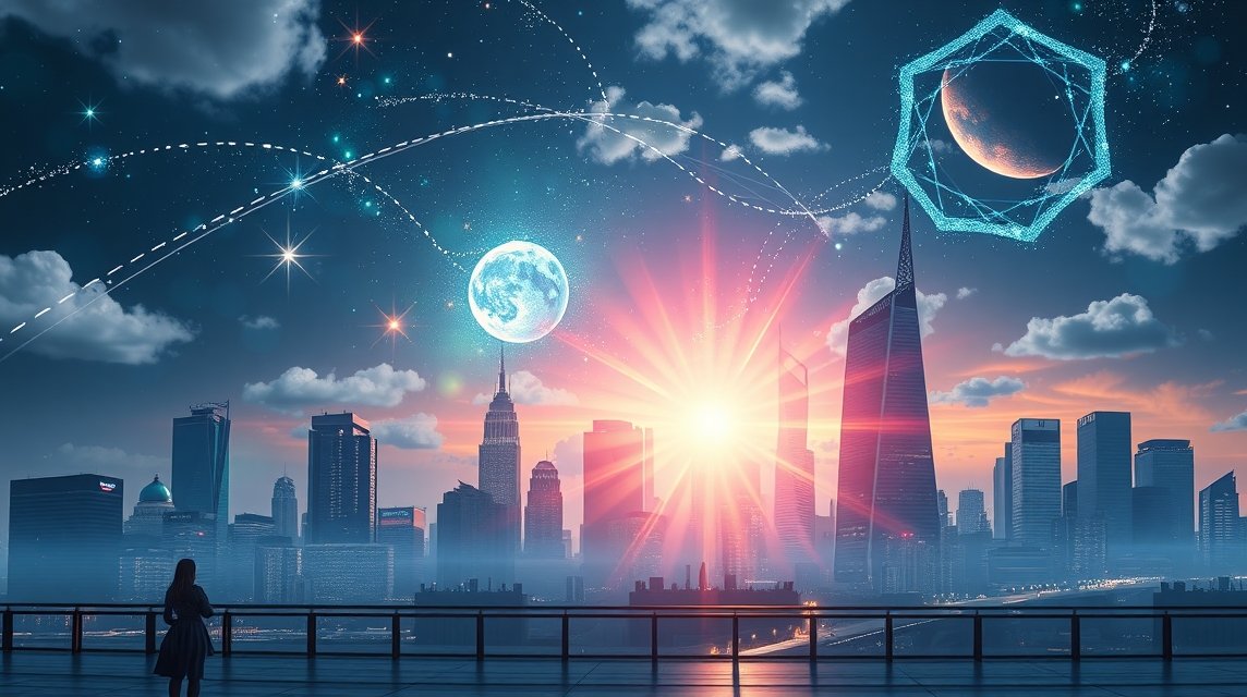 Fantasztikus városi táj, csillagokkal és égitestekkel