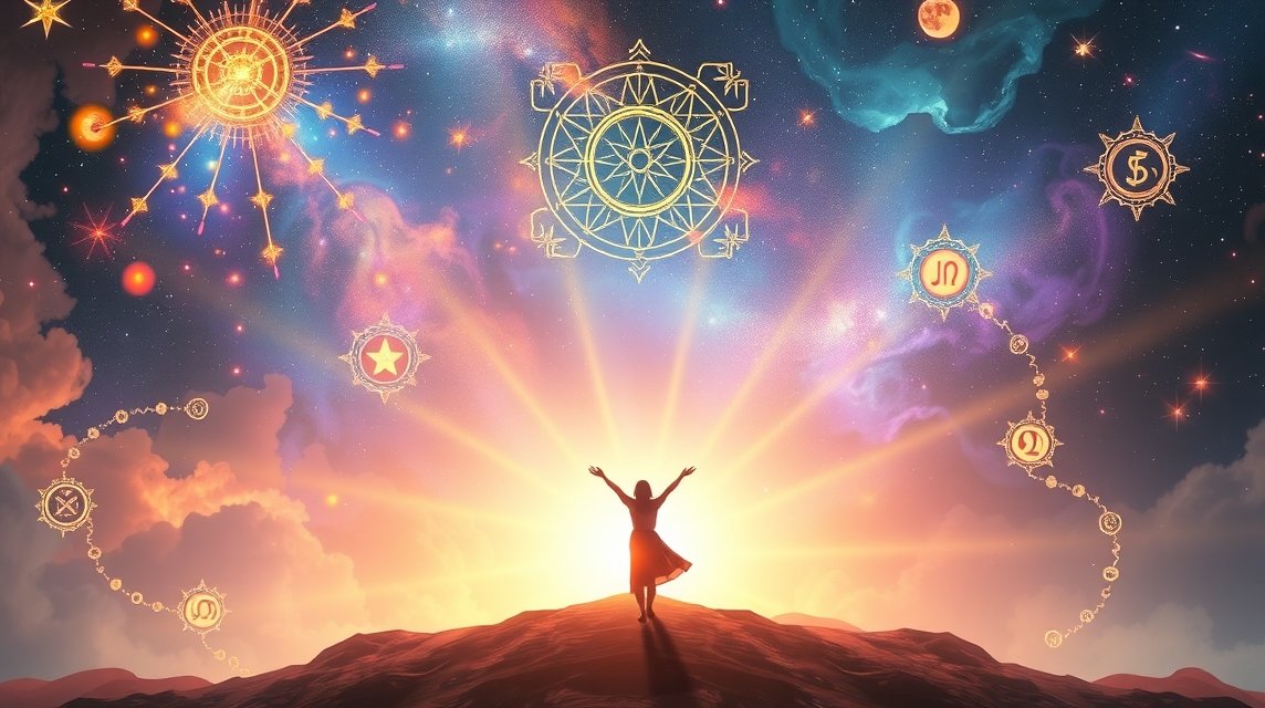 Nő a napfelkeltében, asztrológiai szimbólumokkal a háttérben.