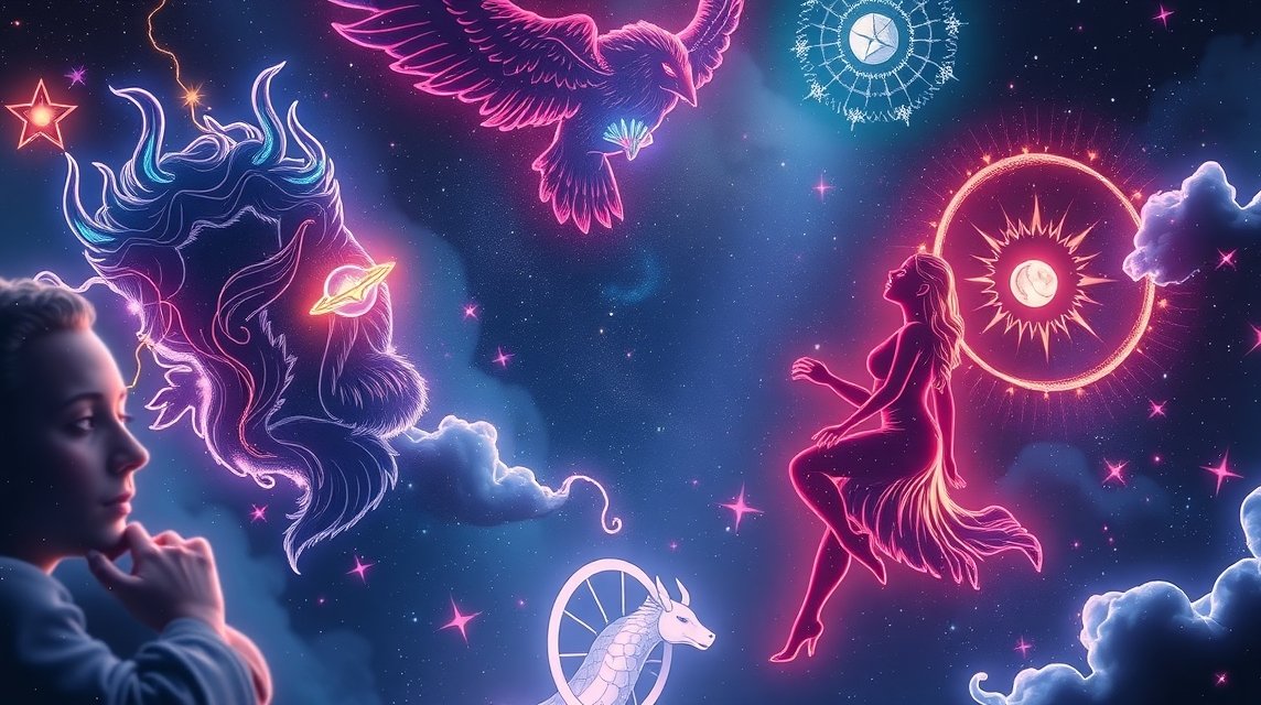 Horoszkóp rajz a csillagok között, különböző jegyek szimbólumaival.