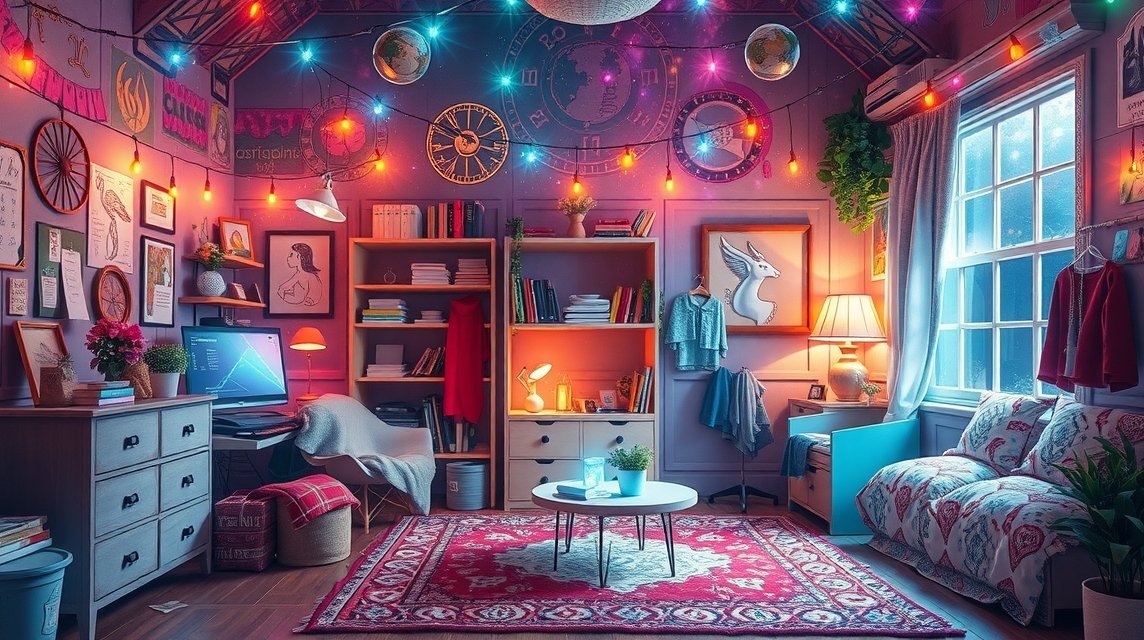 Tavaszi nagytakarítás és csillagjegyek stílusának bemutatása egy színes szobában.