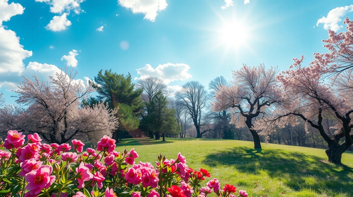 Tavaszi napfényben fürdő virágzó fák és virágok