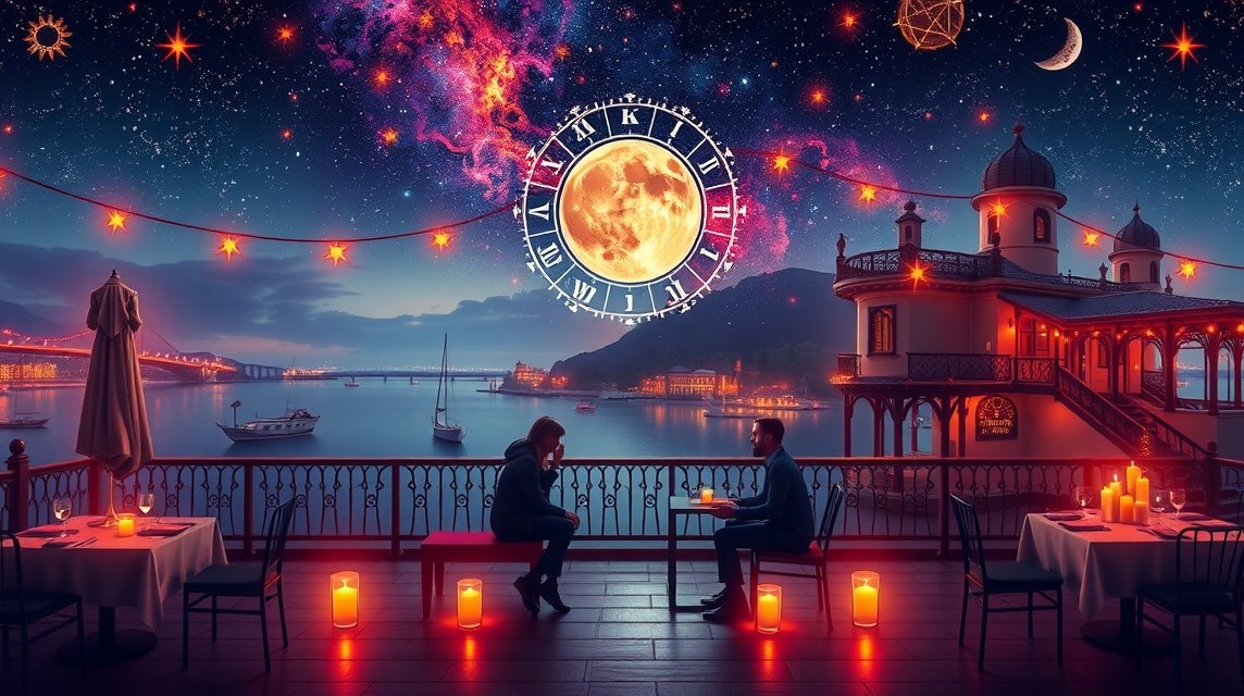 Romantikus randi helyszín csillagokkal és étteremmel