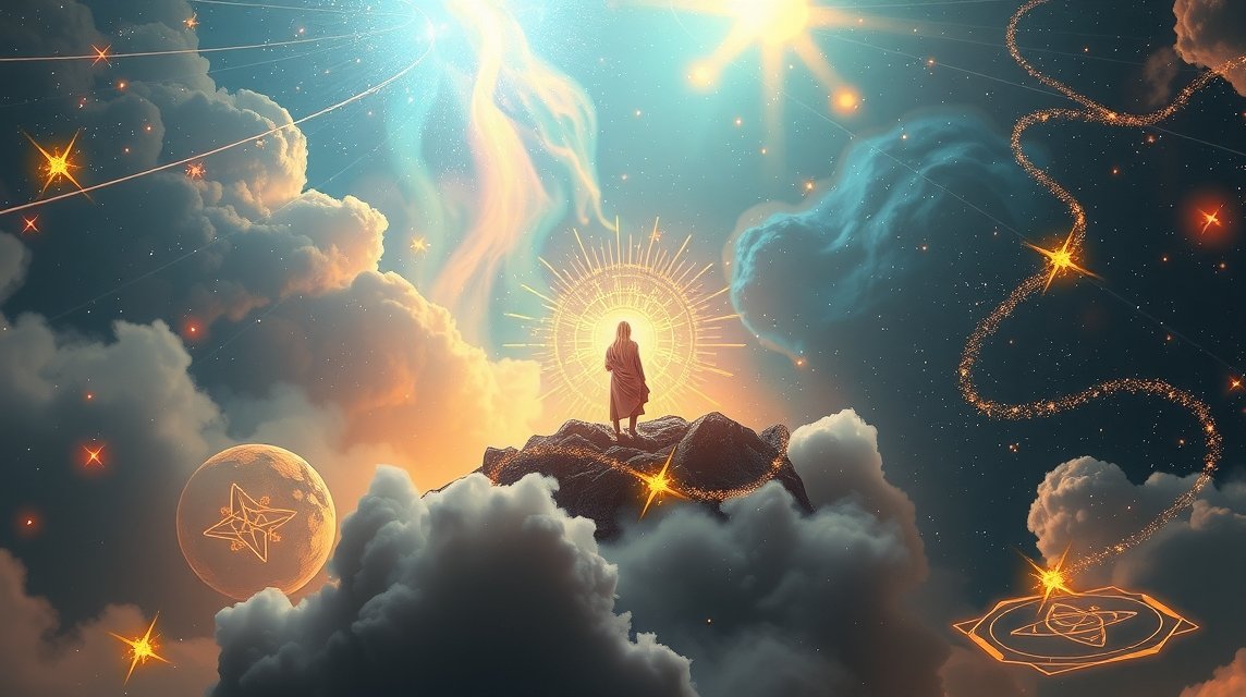 Fantasztikus égi táj, csillagokkal és felhőkkel, egy személy meditál a csúcsán.