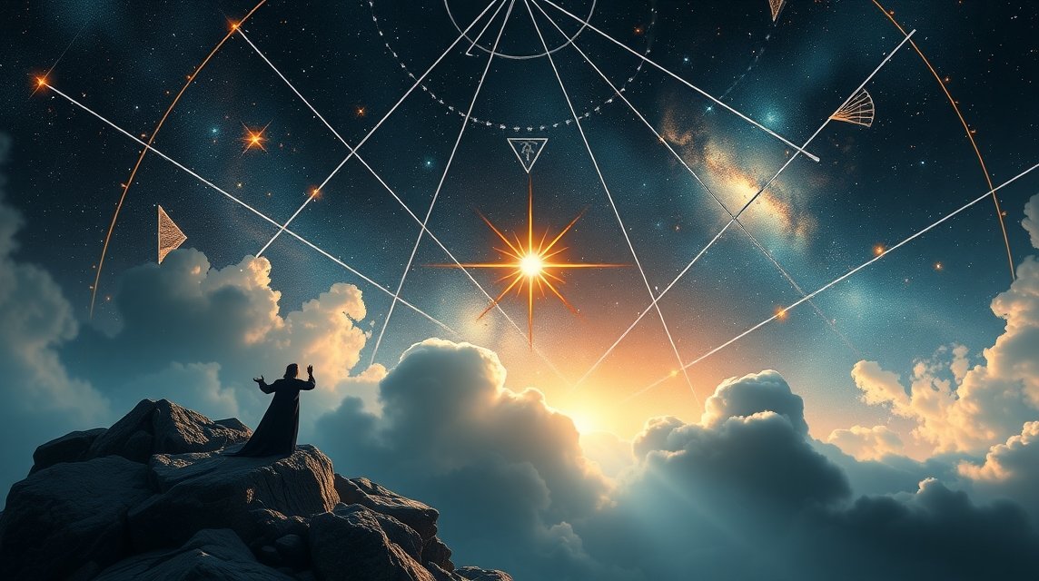 Csillagászati tájkép napfelkeltével és asztrológiai szimbólumokkal