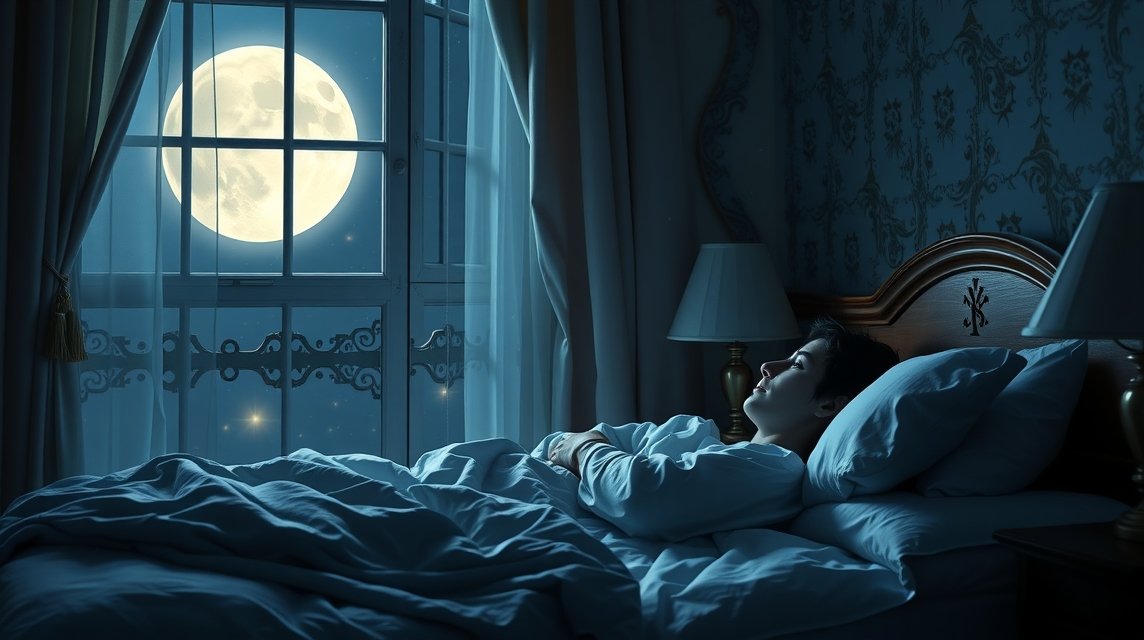 Alvászavar a tavaszi telihold alatt, nyugodt szoba, ablakon át bejövő fény.
