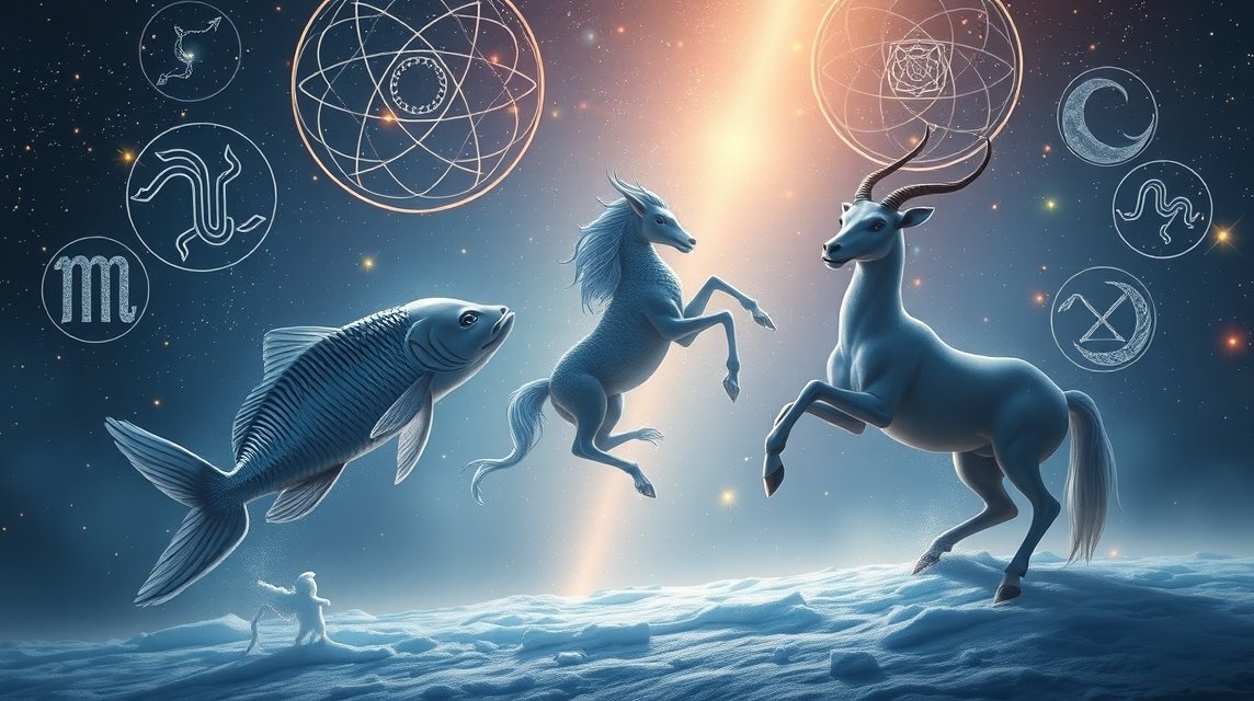 Astrális szimbólumok és három csillagjegy a téli tájban.