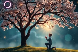 Egy fiatal férfi térdel egy virágzó fa alatt, lánykérés pillanata.