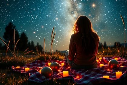 Nő csillagos ég alatt, tele gyertyákkal és gyümölcsökkel ülve