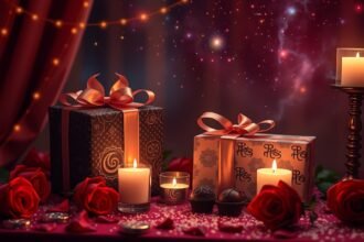 Valentin-napi ajándékok és gyertyák romantikus környezetben