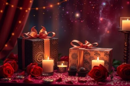 Valentin-napi ajándékok és gyertyák romantikus környezetben