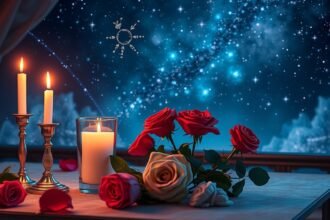 Romantikus asztali dísz Valentin-napra gyertyákkal és virágokkal