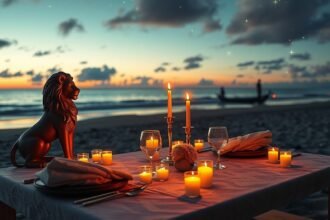 Romantikus vacsora tengerparton, gyertyákkal és oroszlán szoborral.