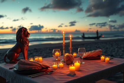 Romantikus vacsora tengerparton, gyertyákkal és oroszlán szoborral.