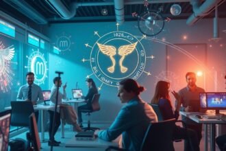 Modern munkahely innovatív technológiával és kommunikációval.