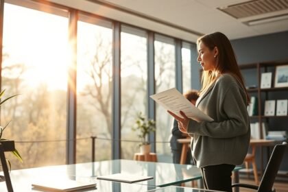 Nő tavaszi karrier váltásra készül egy modern irodában.