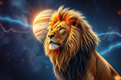 Oroszlán Jupiterrel az égen, erőteljes és ragyogó háttérrel.