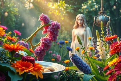 Színes virágok egy varázslatos kertben egy női alak mellett.