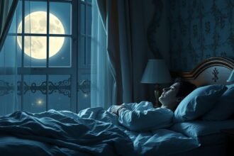 Alvászavar a tavaszi telihold alatt, nyugodt szoba, ablakon át bejövő fény.