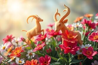 Kos és Bika figurák virágzó tavaszi virágok között.