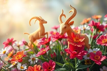 Kos és Bika figurák virágzó tavaszi virágok között.