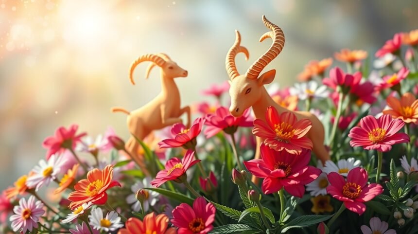 Kos és Bika figurák virágzó tavaszi virágok között.