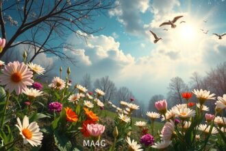 Tavaszi virágok és napfény az égen, kellemes tavaszi hangulatban.