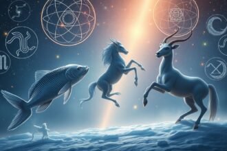 Astrális szimbólumok és három csillagjegy a téli tájban.