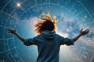 Fiatal nő néz a csillagokra, asztrológiai grafika háttérrel.