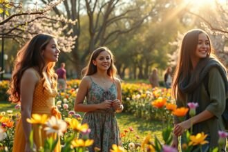 Nők tavaszi kerti találkozása gyönyörű virágok között.