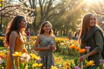 Nők tavaszi kerti találkozása gyönyörű virágok között.