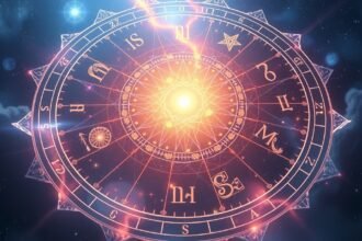 Asztrológiai horoszkóp kör gyönyörű galaktikus háttérrel.