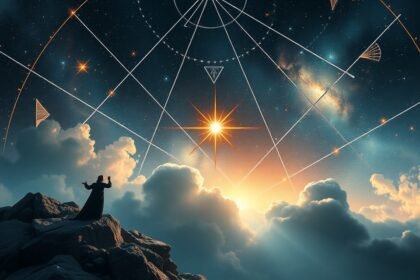 Csillagászati tájkép napfelkeltével és asztrológiai szimbólumokkal