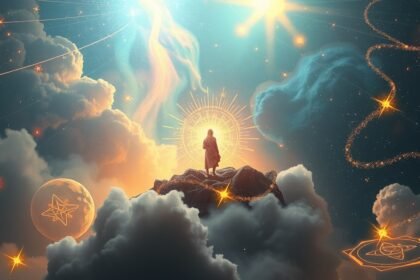 Fantasztikus égi táj, csillagokkal és felhőkkel, egy személy meditál a csúcsán.