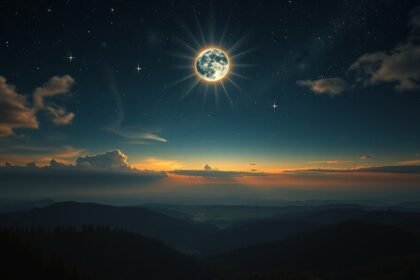 Holdfogyatkozás a hegyek felett egy éjszakai égbolton