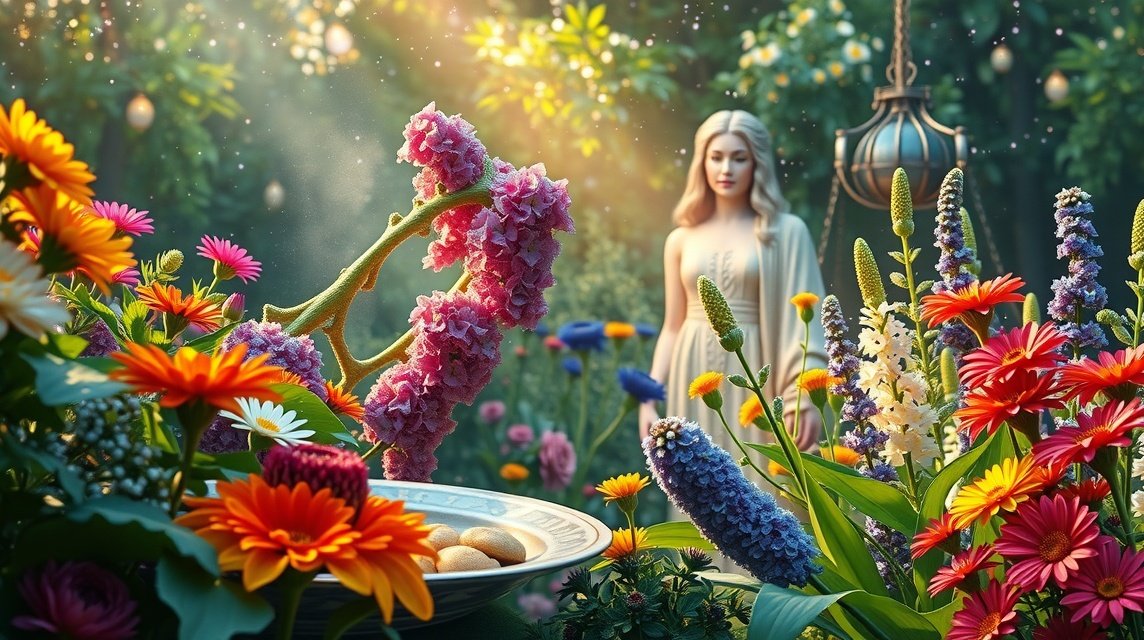 Színes virágok egy varázslatos kertben egy női alak mellett.