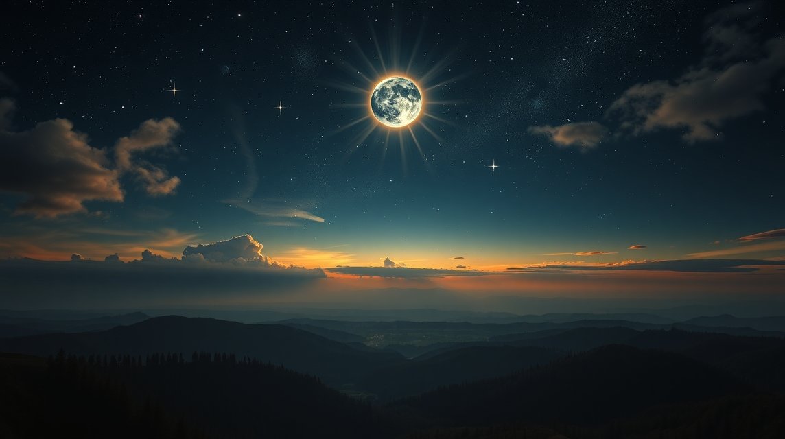 Holdfogyatkozás a hegyek felett egy éjszakai égbolton