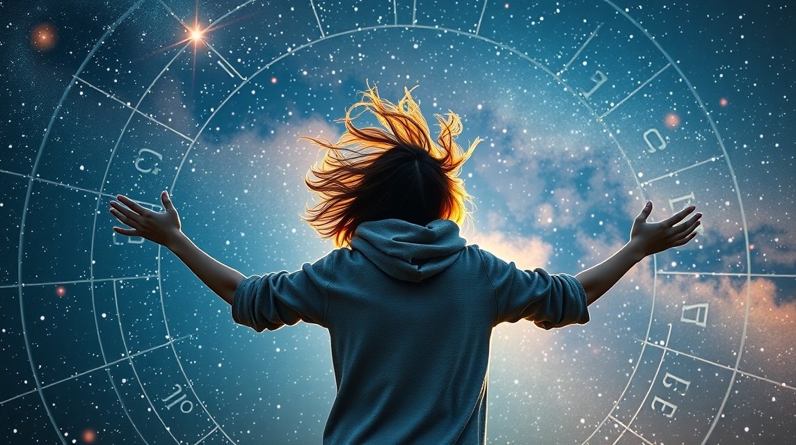 Márciusi energiabomba: Így rázd le magadról a téli letargiát a csillagok segítségével. Fiatal nő néz a csillagokra, asztrológiai grafika háttérrel.