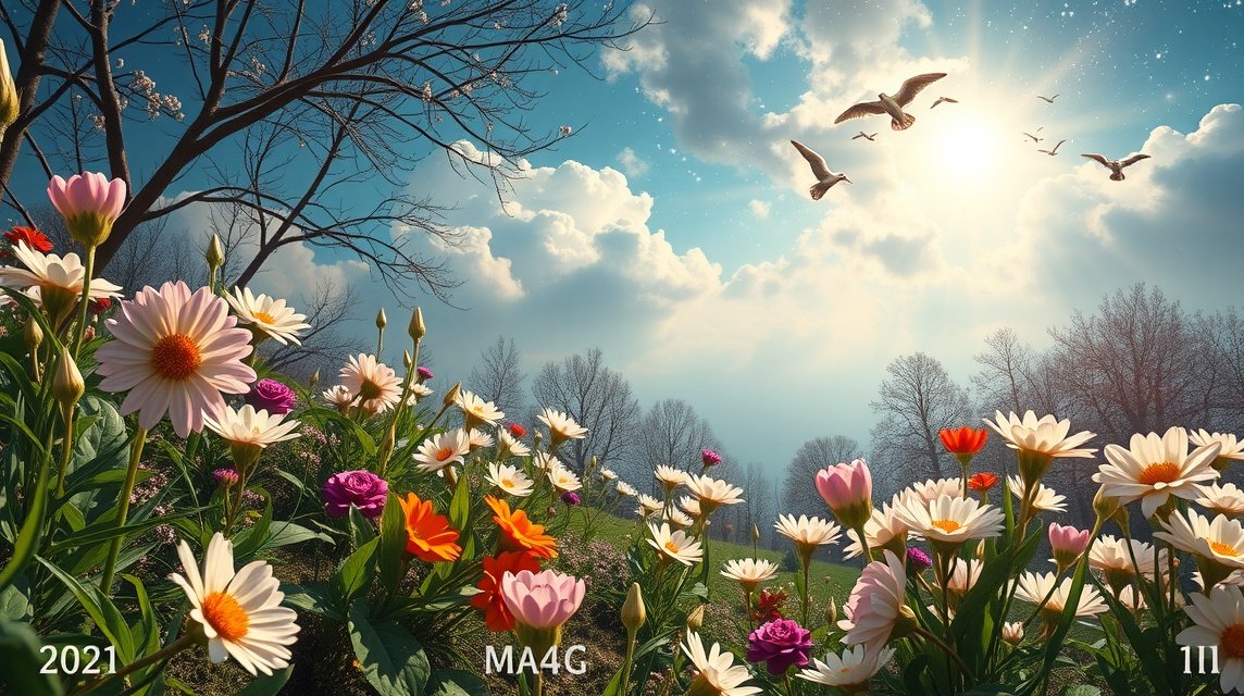 Tavaszi virágok és napfény az égen, kellemes tavaszi hangulatban.