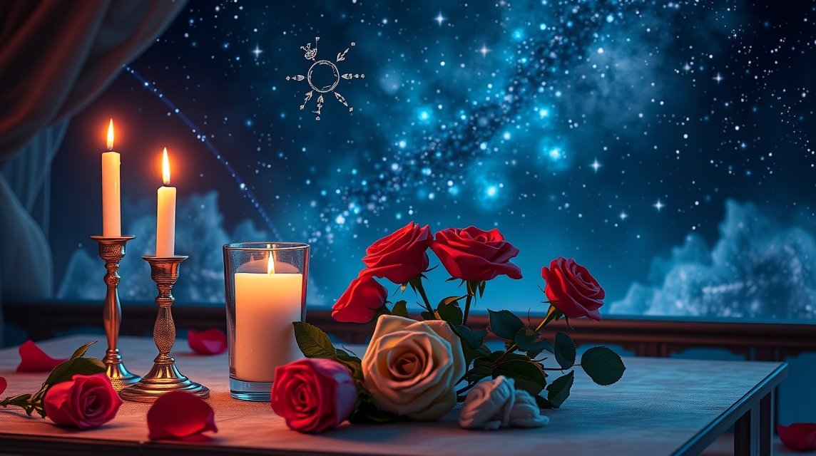 Romantikus asztali dísz Valentin-napra gyertyákkal és virágokkal