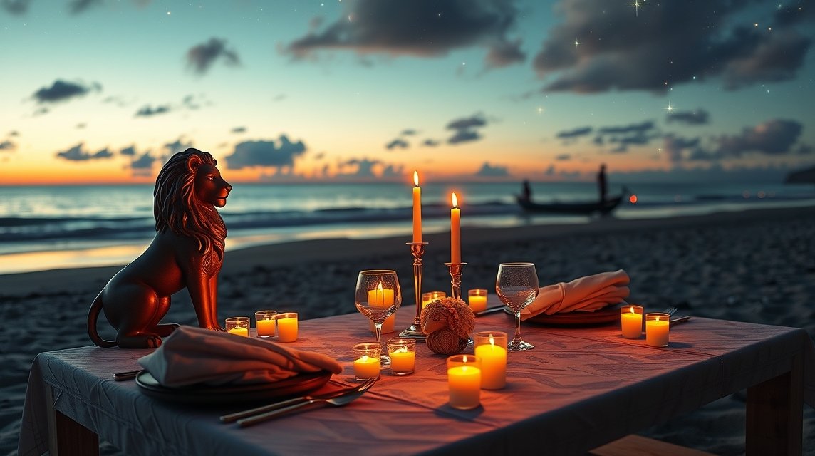 Romantikus vacsora tengerparton, gyertyákkal és oroszlán szoborral.